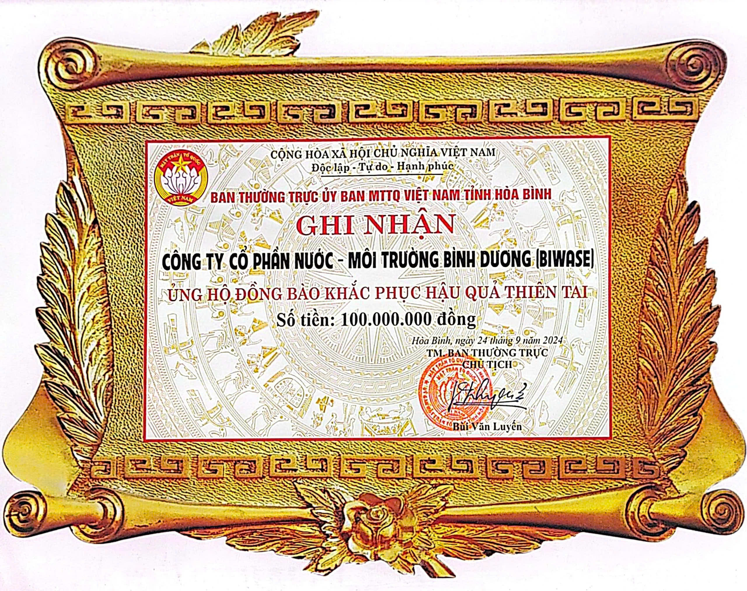 BẢNG GHI NHẬN CỦA BAN THƯỜNG TRỰC ỦY BAN MTTQ VIỆT NAM TỈNH HÒA BÌNH