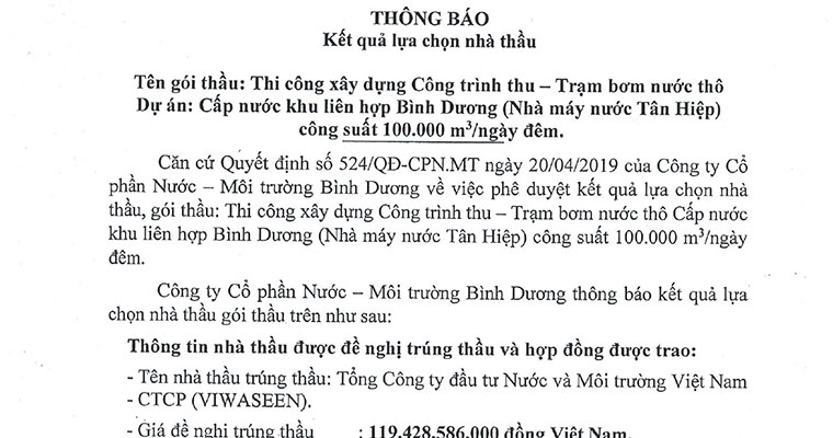 Thông báo: Kết quả lựa chọn nhà thầu - Gói thầu: Thi công xây dựng Công trình thu - Trạm bơm nước thô - Dự án: Cấp nước Khu Liên Hợp Bình Dương (Nhà máy nước Tân Hiệp) công suất 100.000 m3/ngày đêm