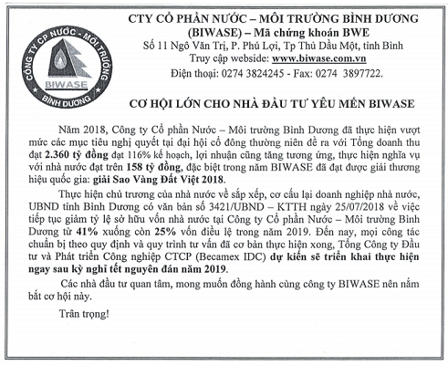 Cơ hội lớn cho nhà đầu tư yêu mến BIWASE